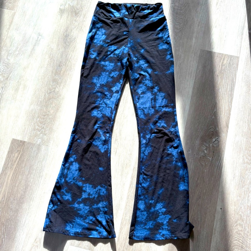 Groovy Boho Hippie Pull On High Waisted Stretch Flare Black & Blue Size S